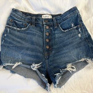 Abercrombie & Fitch Distressed High-Rise Denim Shorts - Dark Blue Mom Short